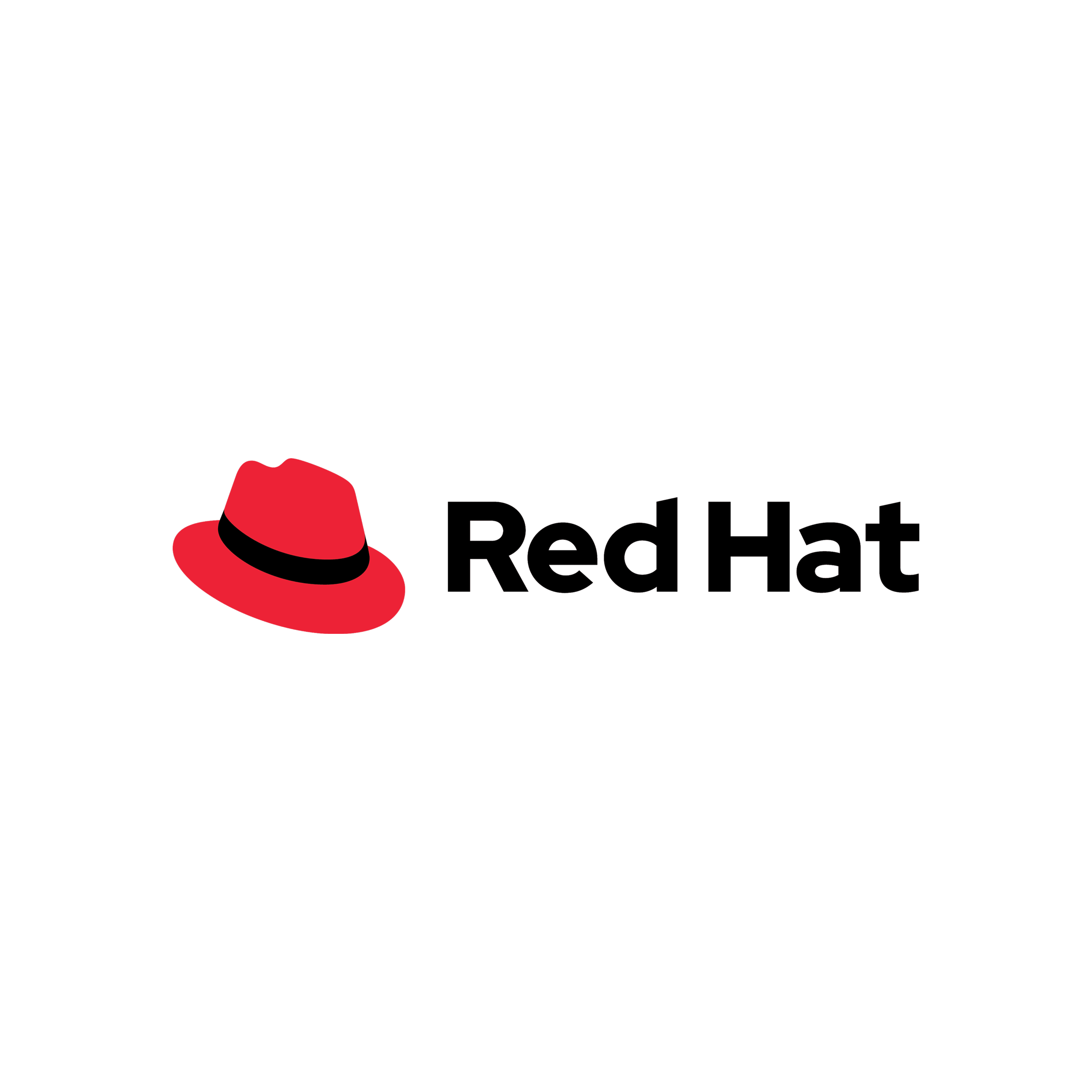 Red Hat logo with a stylized red fedora hat and black band, next to the text 'Red Hat' in bold black font.