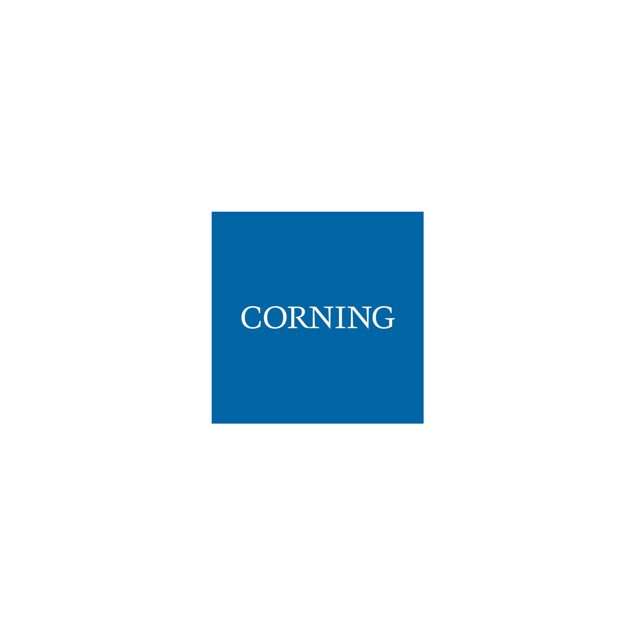 Blue square with white text that says 'CORNING'