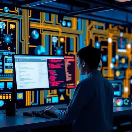 Person working at computer in front of multiple monitors displaying code and technology graphics.
