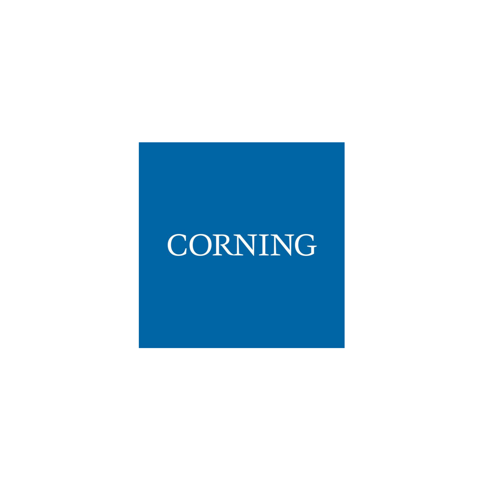 Blue square with the white text "CORNING" in the center.