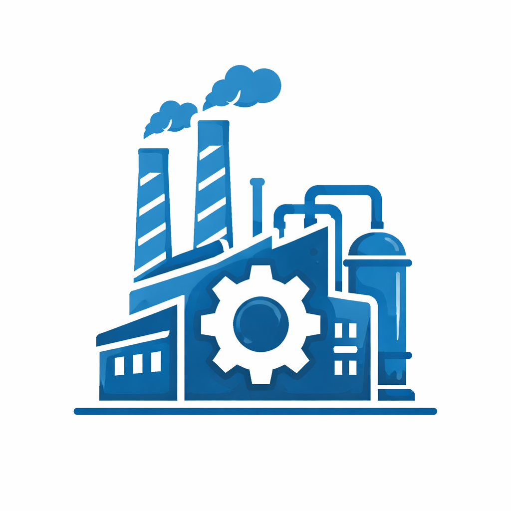 A blue factory with smokestacks emitting smoke and a large gear in front.