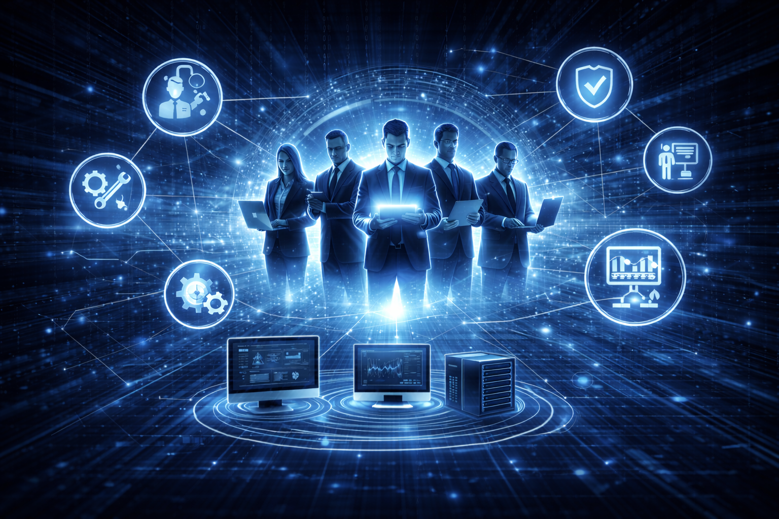 A group of business professionals in suits standing in front of a digital, futuristic background with holographic icons related to technology, security, engineering, and data analysis, surrounded by computer monitors and servers.