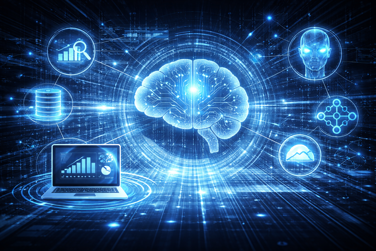 Digital illustration of a brain in the center with various interconnected icons representing data analytics, artificial intelligence, and technology on a dark blue background.