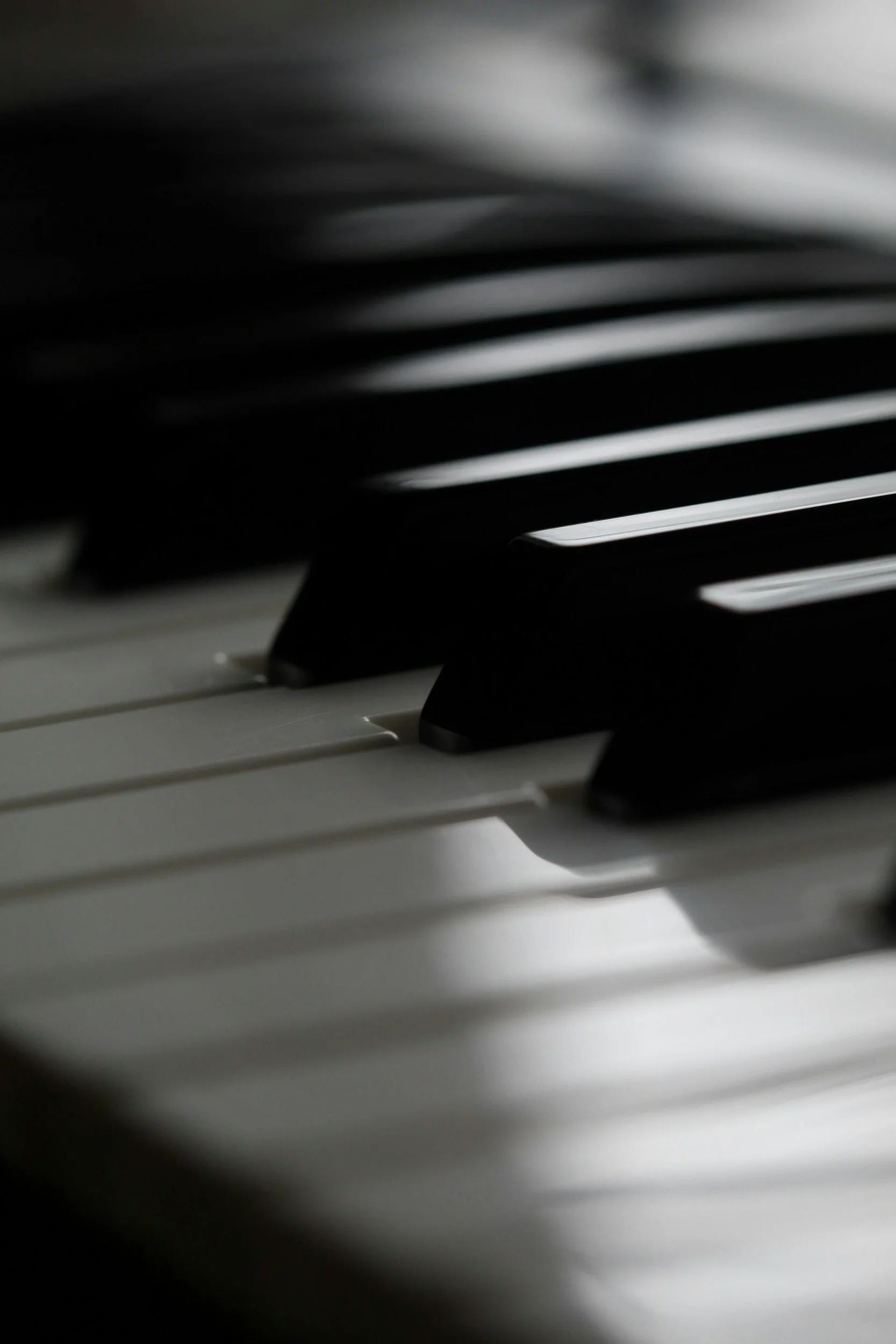 Close-up of piano keys, highlighting the black and white keys in a musical instrument.