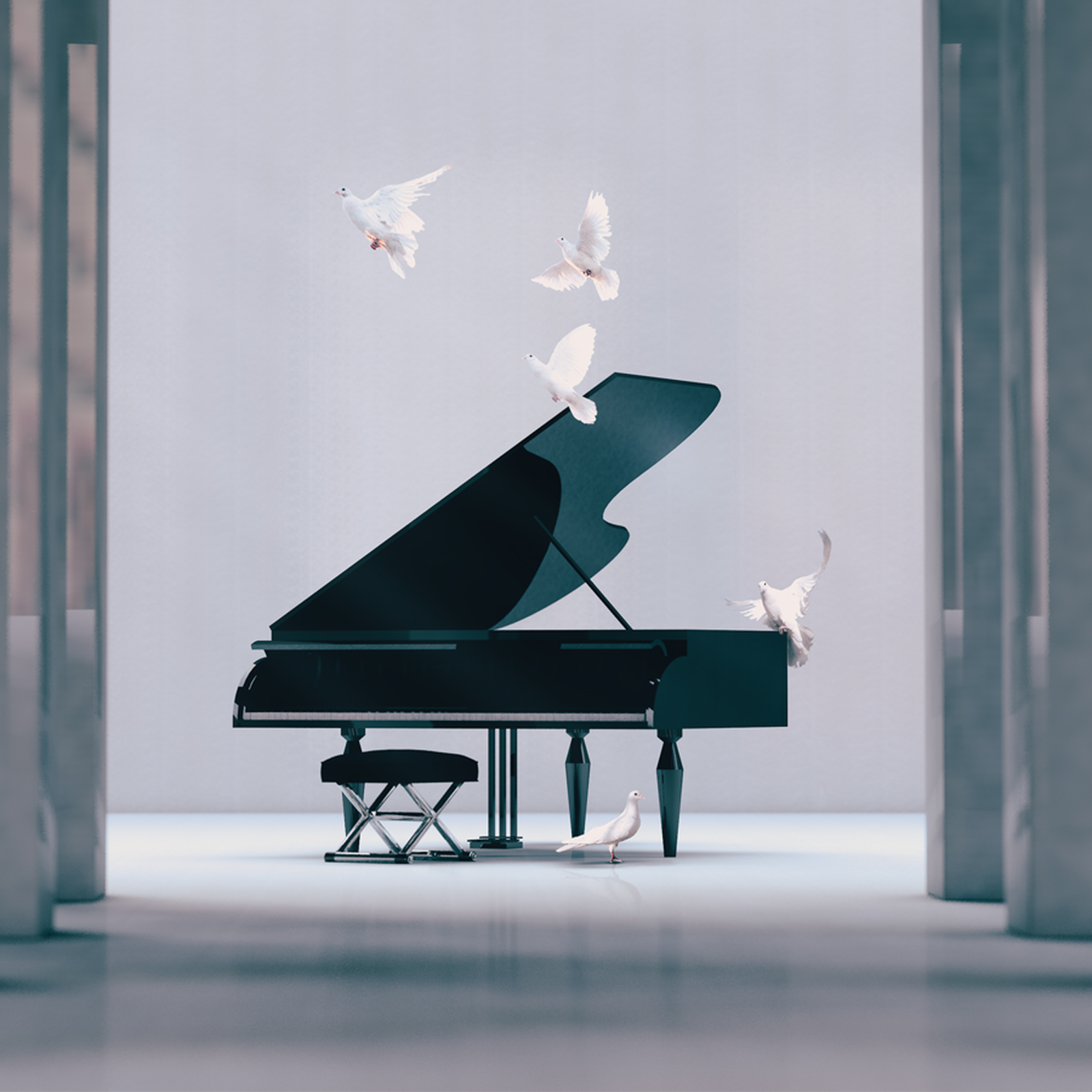 A black grand piano with a bench in a modern, open space surrounded by white doves flying and standing on the piano.