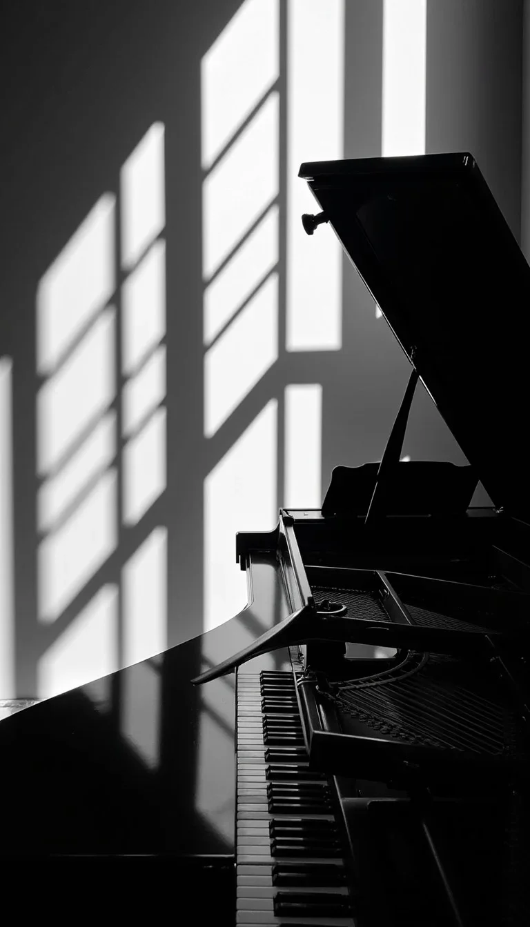 A black grand piano with an open lid, in front of a wall with shadow patterns of window blinds cast by sunlight.
