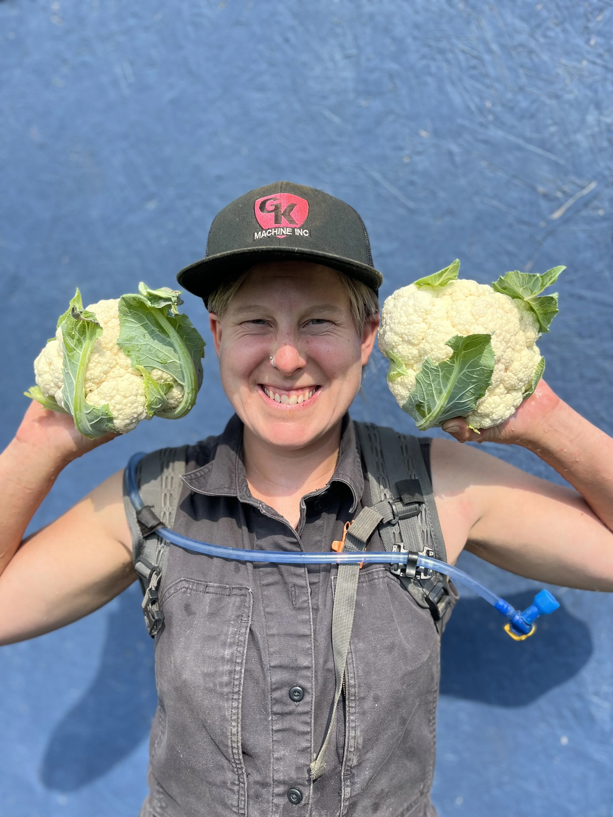 Person smiling and holding two large Cauliflower heads, one in each hand, with both cauliflower heads having green leaves. The person is wearing a black cap and a gray sleeveless shirt, standing in front of a blue wall.