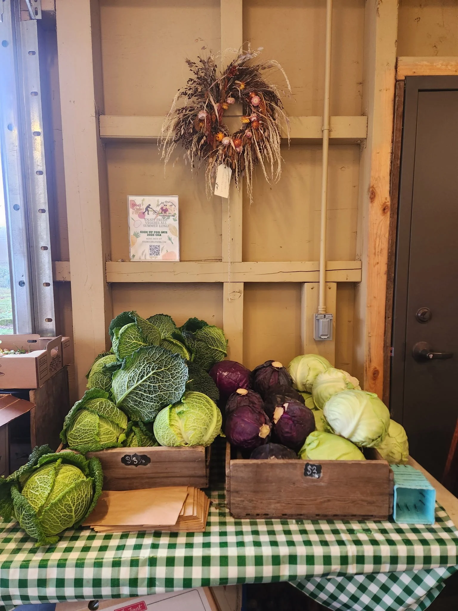 Fresh greens and vegetables, including cabbage and purple onions, displayed on a checkered tablecloth at a farmers market stall.