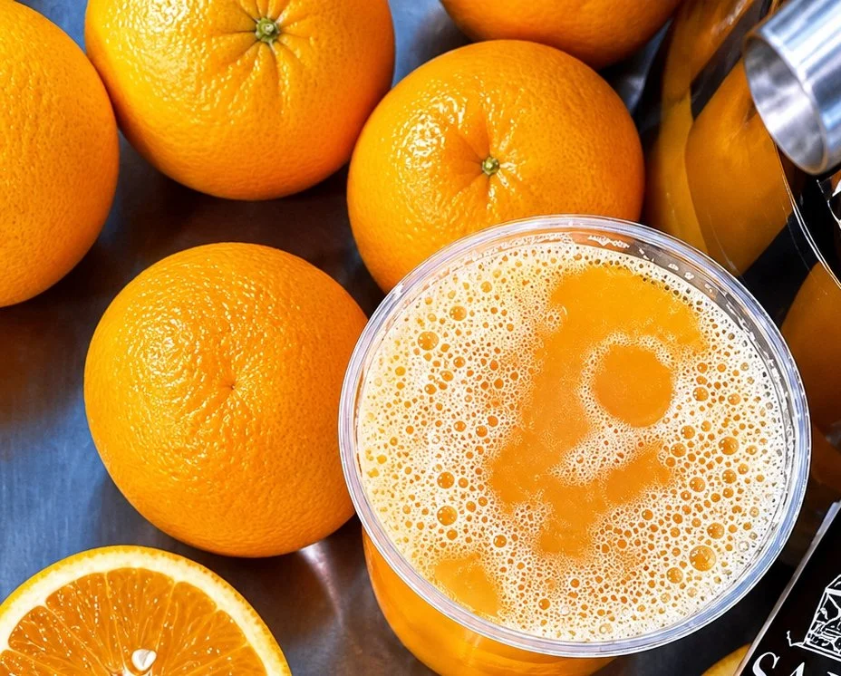 Freshly slice oranges squeezed into a cup of orange juice