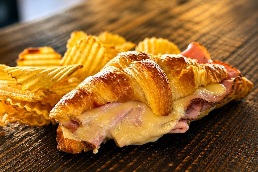 A delicious ham and cheese croissant served with chips on a warm countertop