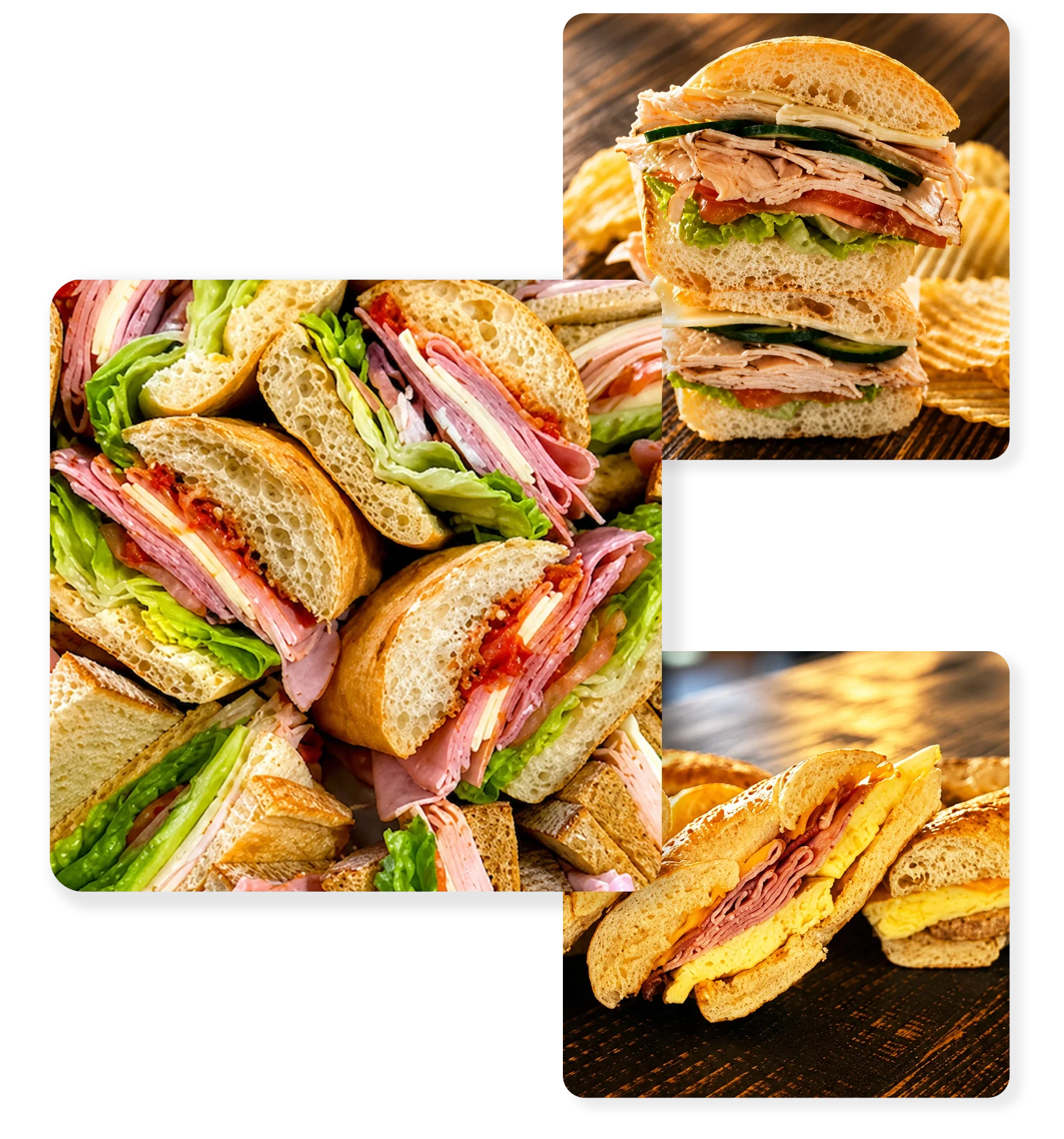 A collage of various deli sandwiches and breakfast bagels made with fresh vegetables and cold cuts and other ingredients