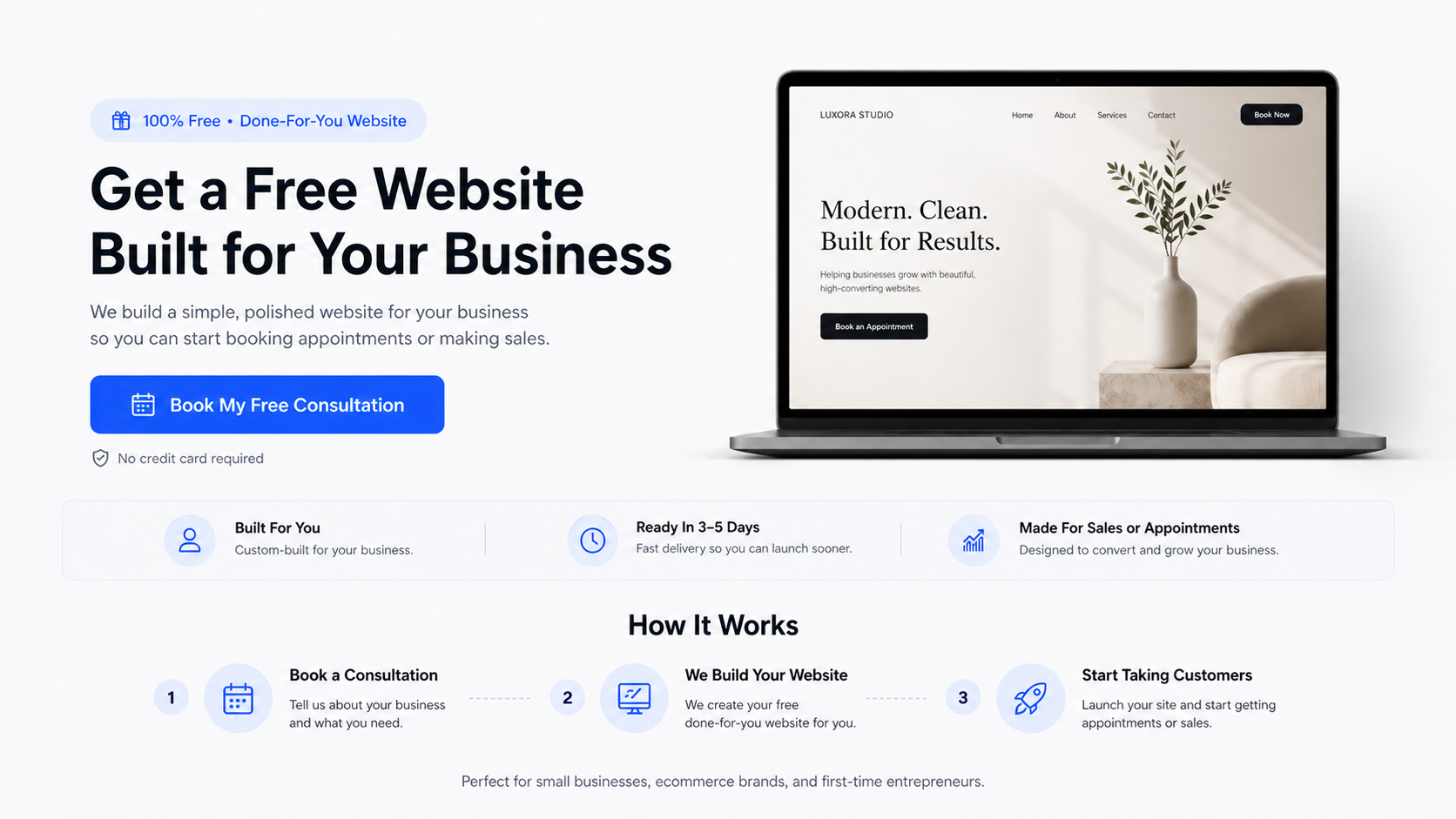 Free done-for-you website offer for small businesses with consultation booking, fast setup, and no credit card required.