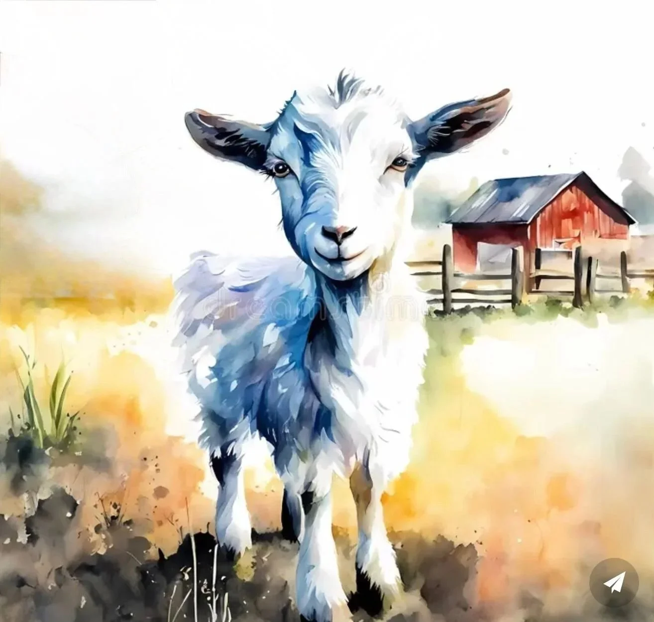 Watercolor painting of a goat standing outdoors in front of a red barn and wooden fence, with grass and soil in the foreground, similar to the setting at Blue Sky Farm MI.