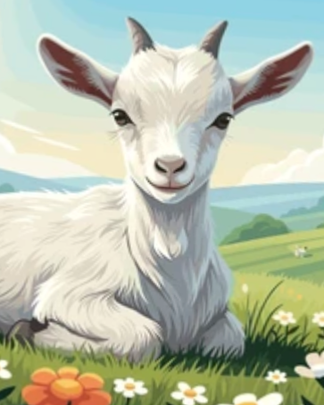 An animated baby goat lying on green grass, with a scenic background of a blue sky, such as on Blue Sky Farm MI, with white fluffy clouds, and rolling green fields.