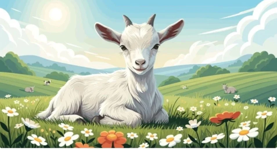 A baby goat lying in a grassy meadow with flowers, with a background of rolling hills, trees, and a partly cloudy sky, all found at Blue Sky Farm Summer Camp for children in Vicksburg Michigan.