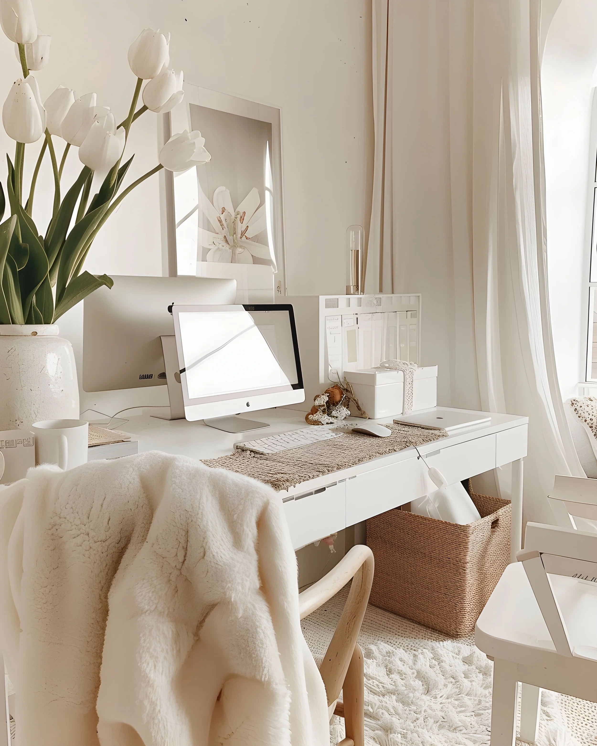A white desk setup in a bright room with natural light coming through curtains. The desk has a modern computer monitor, a white mug, and decorative objects including a fluffy draped fabric on a chair, a large white vase with white tulips, and framed botanical artwork on the wall. A wicker basket is placed under the desk.