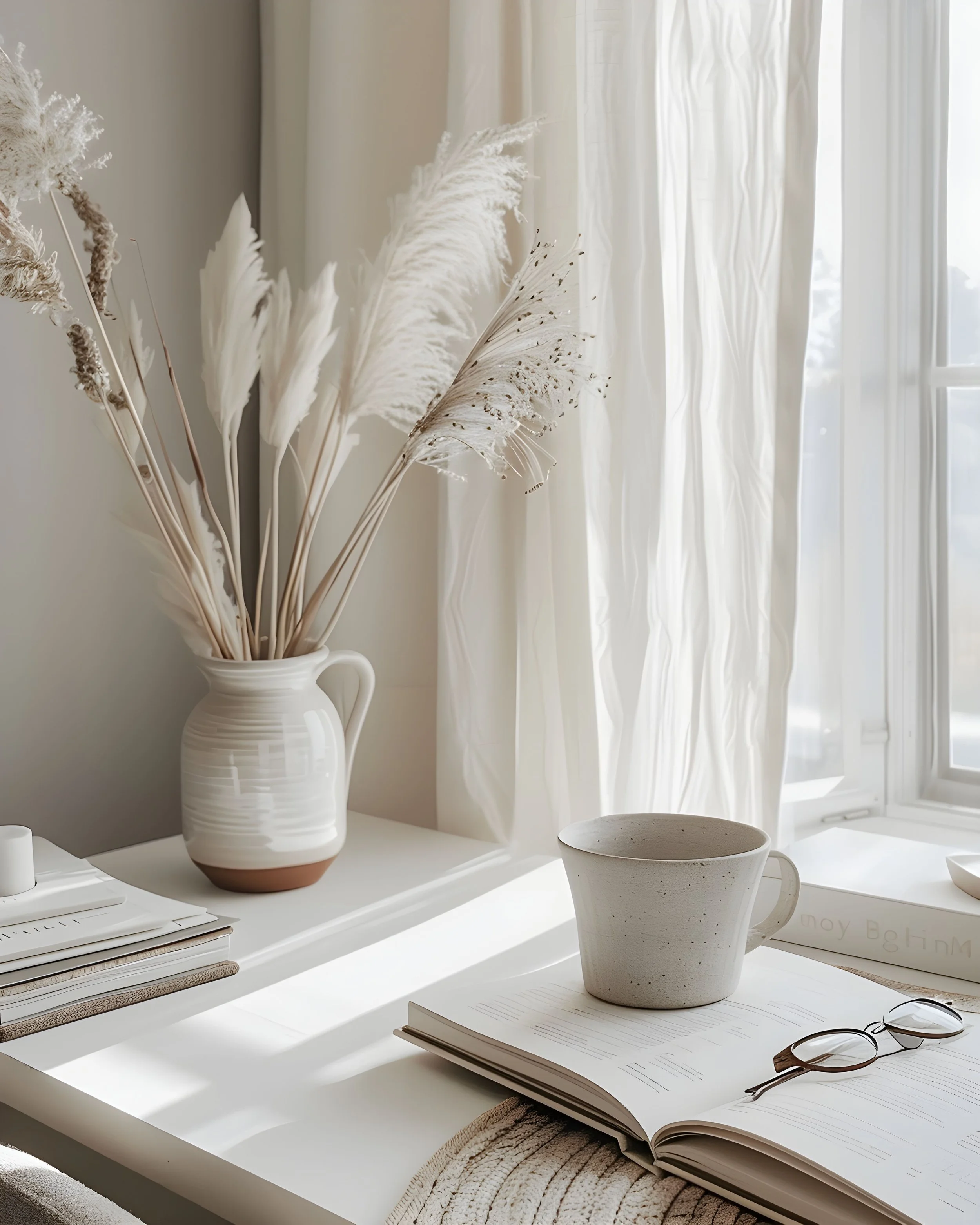 A white table with a large white ceramic mug, an open book, a pair of glasses, a notebook, and a small planter. A white vase holds dried white and beige pampas grass. Steamy sunlight streams through sheer white curtains.