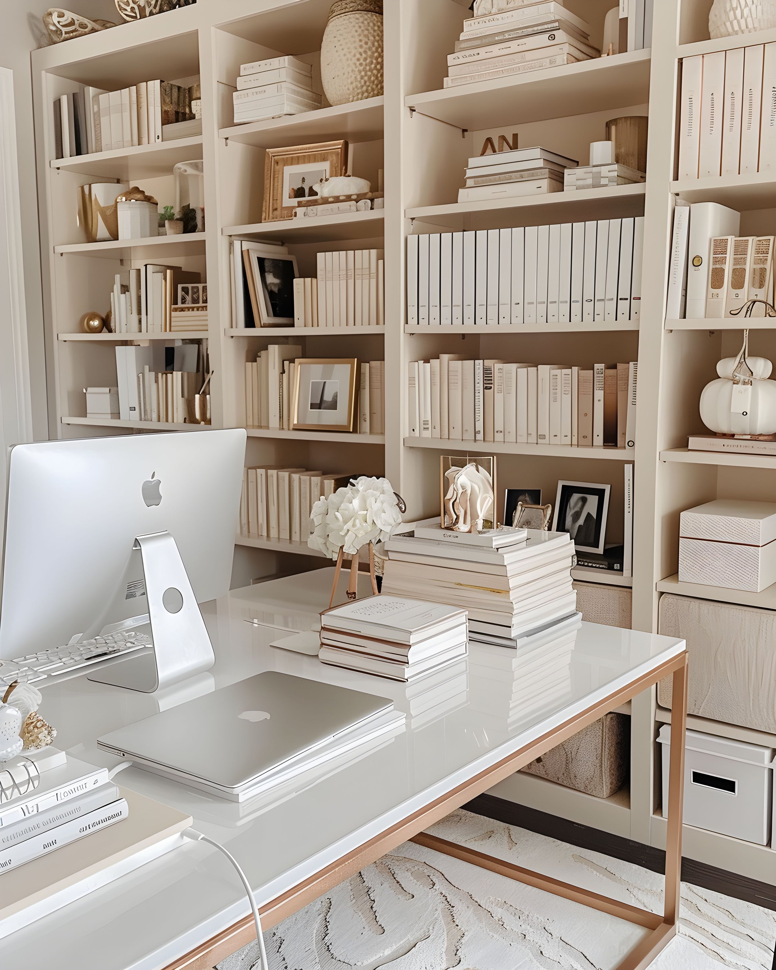 A workspace with a white desk, a silver MacBook, a white iMac, and stacks of white books. Behind the desk is a white bookshelf filled with white books, framed photos, and decorative items. The room has a light-colored rug and a beige carpet. Decorative items like vases and sculptures are on the shelves.