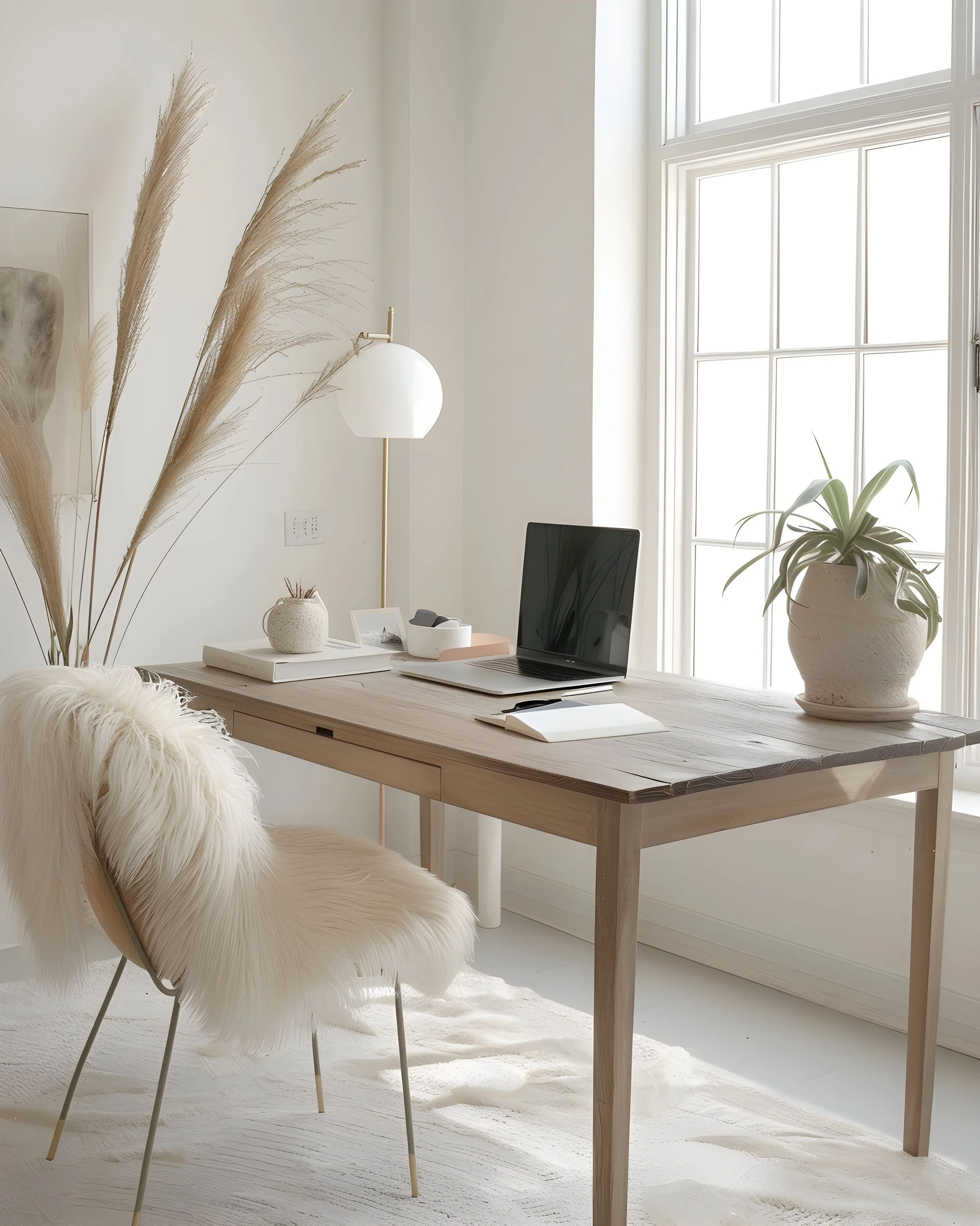 A bright, minimalistic home office with a wooden desk, a laptop, various papers, a desk organizer, a white table lamp, and an abstract mirror on the wall. There are large windows letting in natural light, a large potted plant, a fluffy white chair, and decorative dried plants.