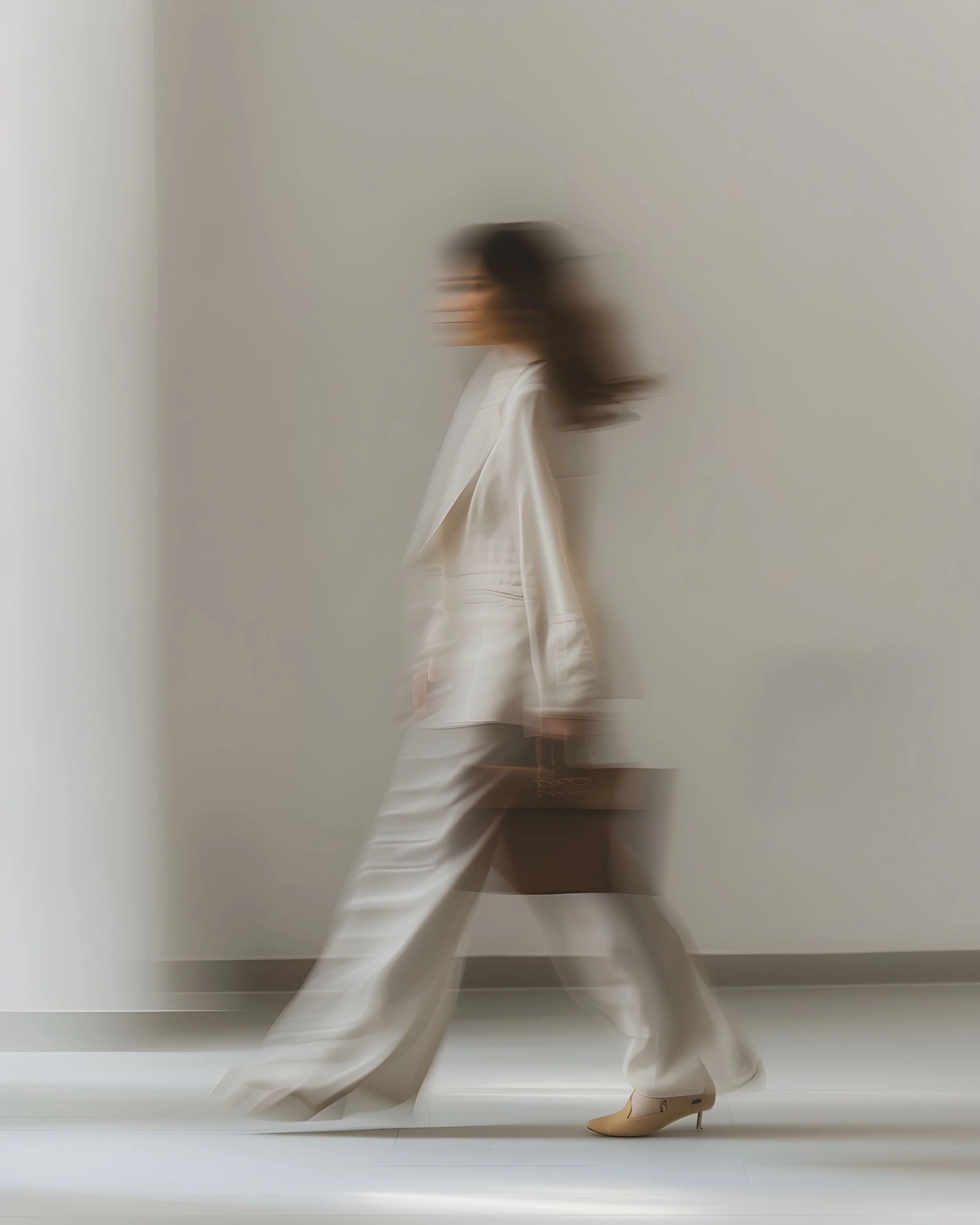 A woman dressed in a white outfit and beige high-heeled shoes walking past a plain wall, captured in motion causing a blurred effect.