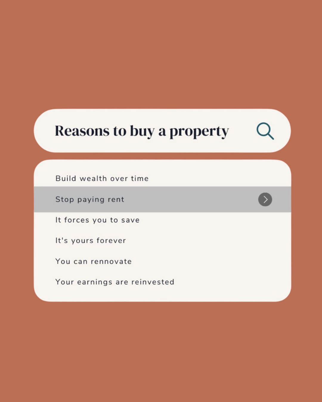 Screenshot of a search bar with the search term 'Reasons to buy a property' and a list of reasons including 'Build wealth over time,' 'Stop paying rent,' 'It forces you to save,' 'It's yours forever,' 'You can renovate,' and 'Your earnings are reinvested.'
