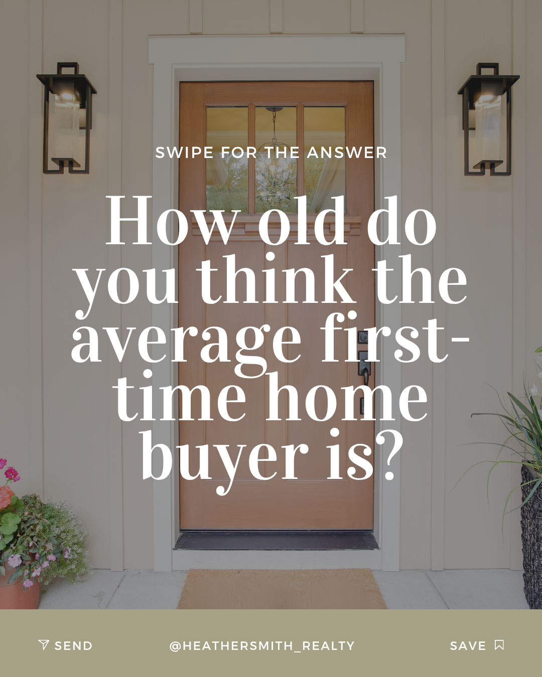 Front door with a small window, flanked by wall-mounted lanterns, surrounded by white siding and plants, with overlaid text asking about the age of a first-time homebuyer.