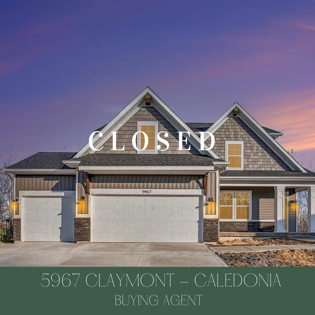 Front view of a house with a garage, lit outdoor lights, and a sunset sky in the background with the word 'CLOSED' overlaid.