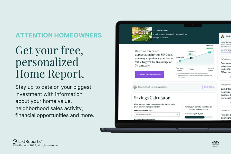 Digital advertisement offering free personalized home report for homeowners, with information on home value, neighborhood sales, financial opportunities, and a screenshot of a home report web page on a laptop.