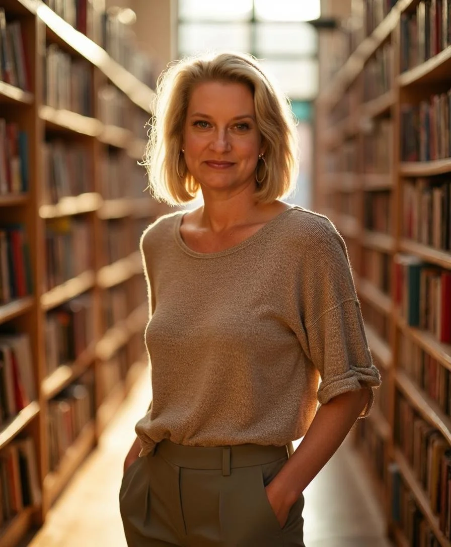A woman with shoulder-length blonde hair standing in a library aisle with wooden shelves filled with books on both sides, backlit by natural light from a window behind her.