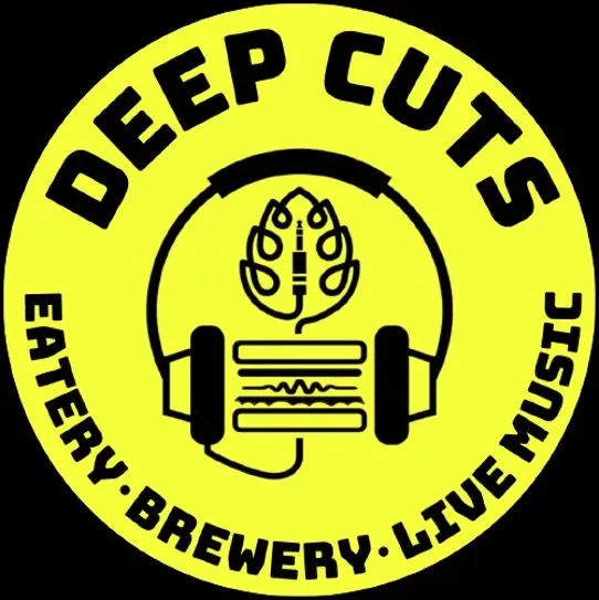 Logo with yellow background and black text that reads 'Deep Cuts' at the top and 'Eatery Brewery Live Music' around the bottom. The center features a stylized drawing of a tree with headphones and a grill.