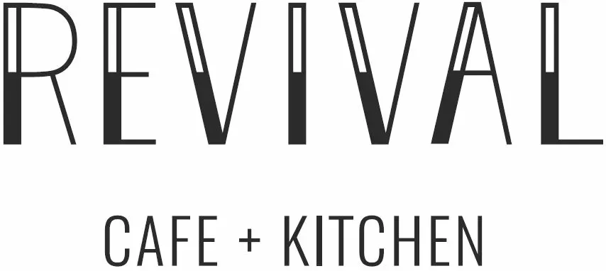 Text reading 'REVIVAL CAFE + KITCHEN' in black font on a white background.
