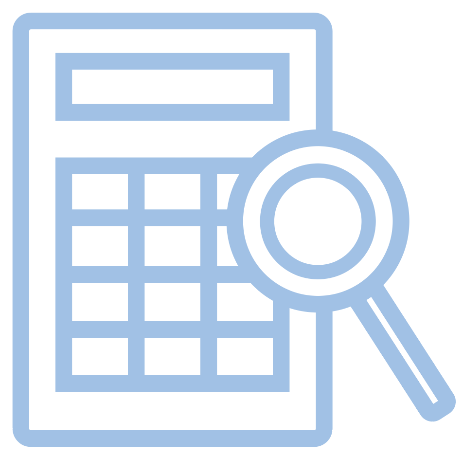 Outline of a calculator with a magnifying glass.