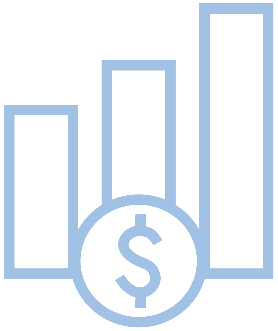 Light blue bar chart with three vertical bars and a dollar sign icon at the bottom center.