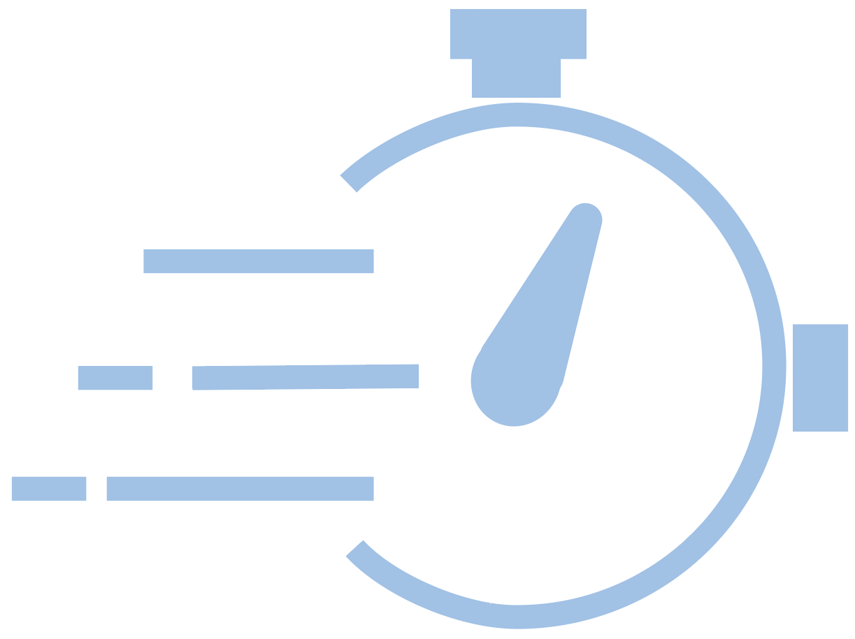 Light blue stopwatch icon with motion lines indicating speed or fast timing.
