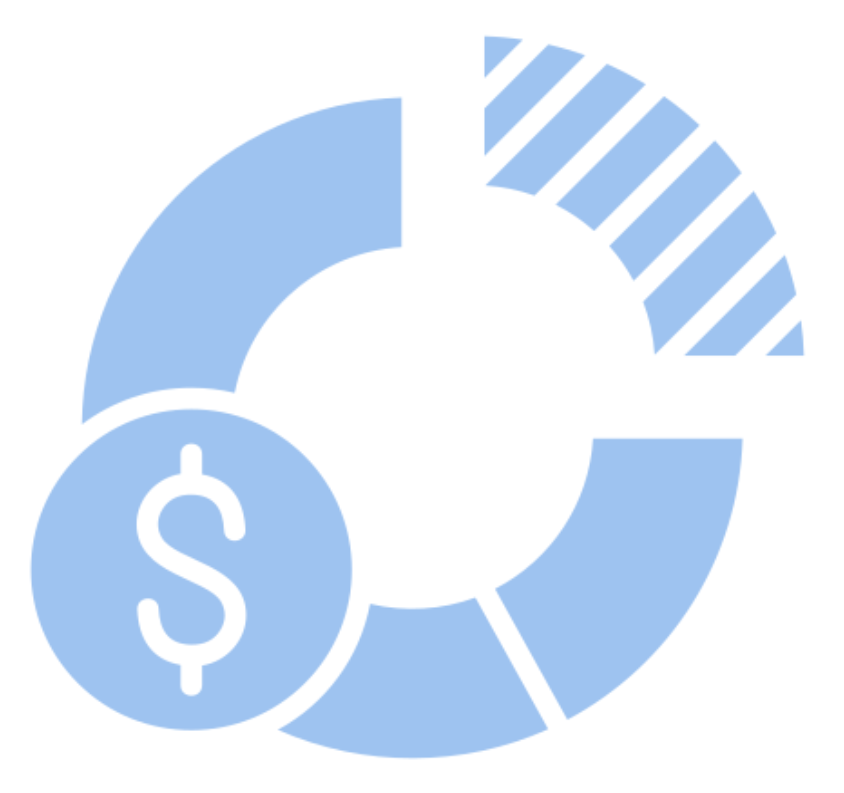 Light blue infographic with a dollar sign, a circular chart segment, and a striped segment, representing financial data or budget analysis.