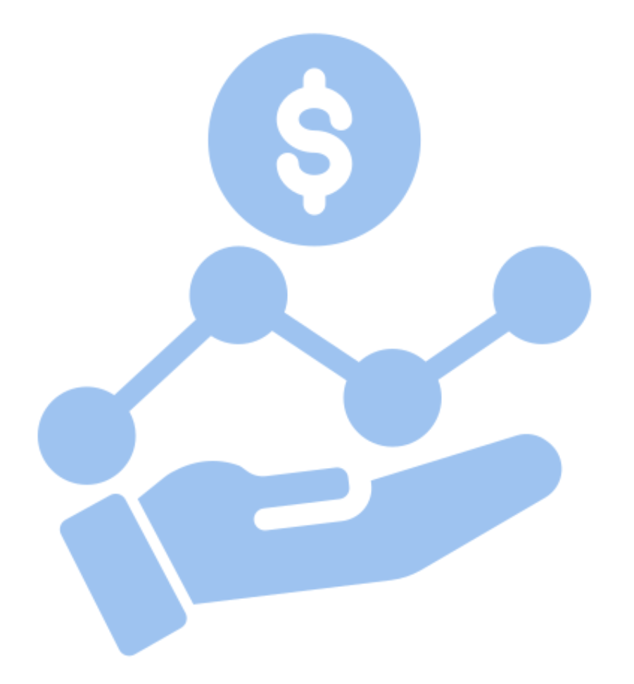 A blue hand holding a line graph with five data points and a dollar sign above it, representing financial or economic growth.