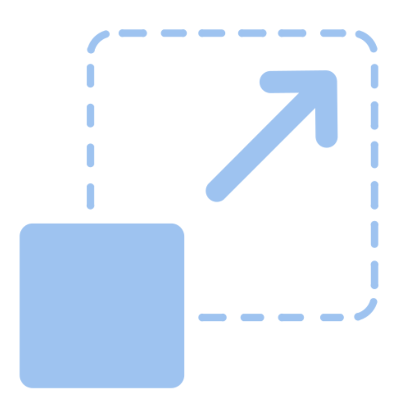 An icon illustrating a growth or increase concept, featuring a square connected to a dashed square outline with an upward arrow.