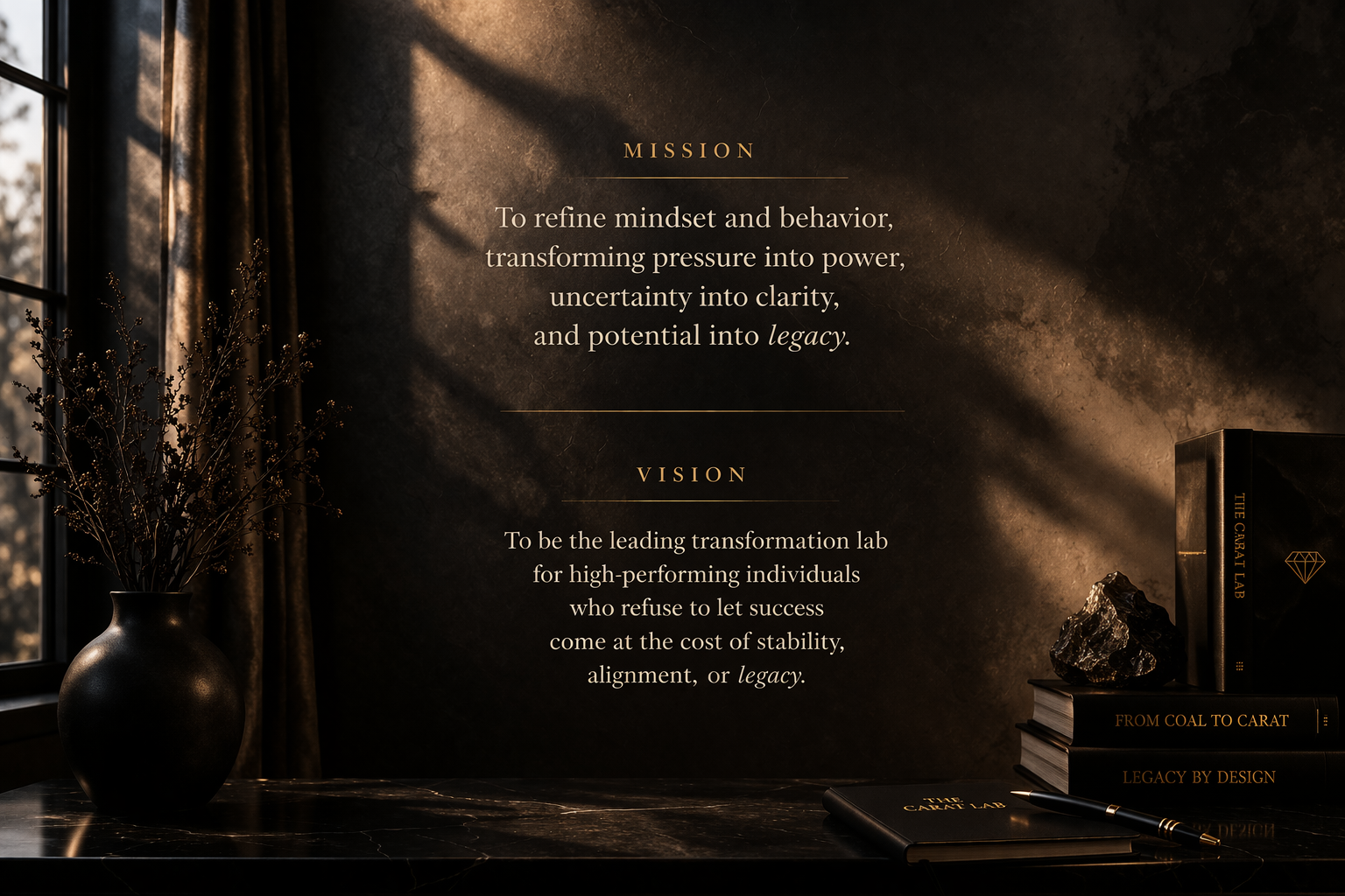 Sophisticated luxury branding image representing The Carat Lab’s mission of transforming high-performance individuals through mindset recalibration, behavioral refinement, disciplined execution, and sustainable success in high-stakes environments.
