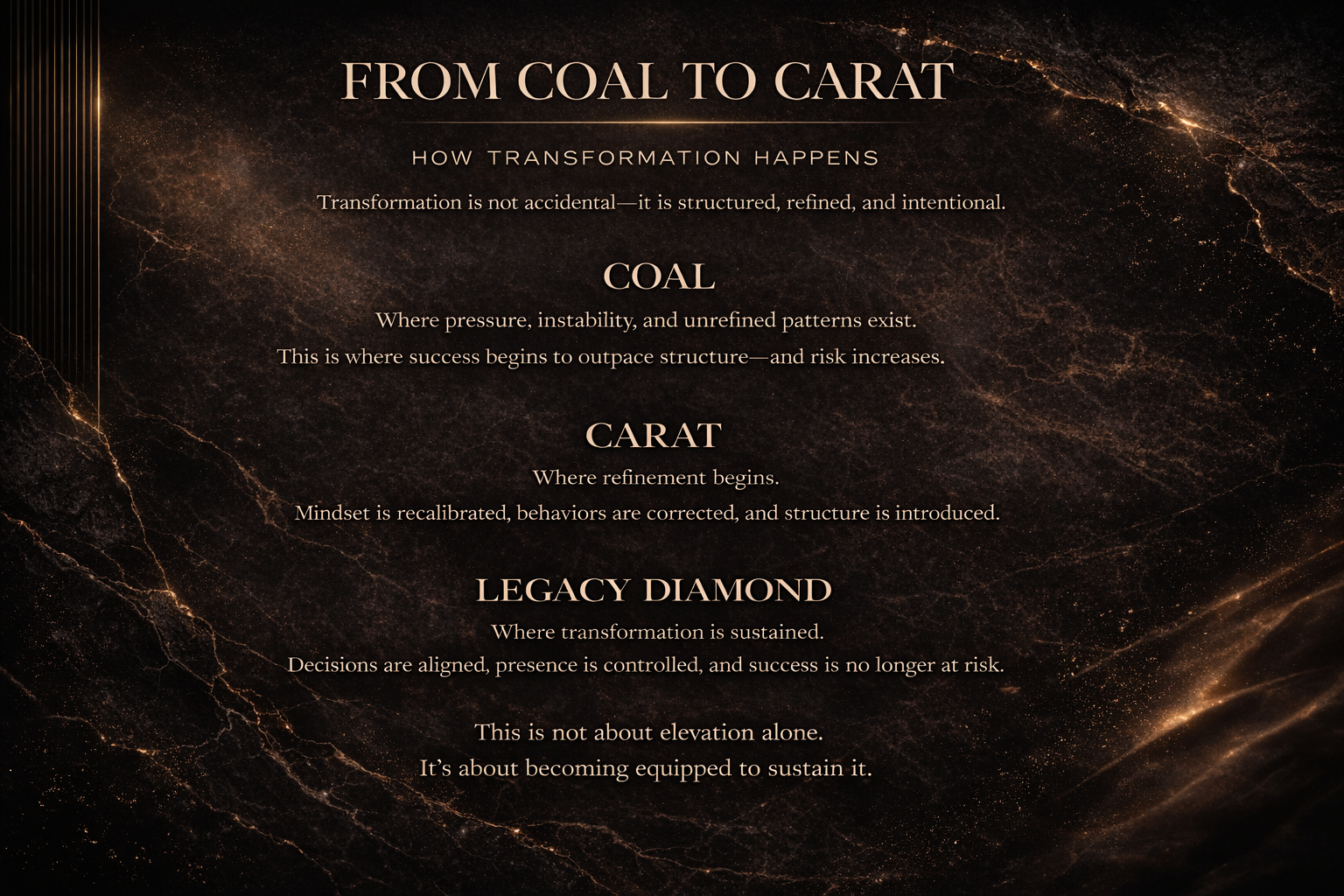 A presentation slide titled 'From Coal to Carat' describing the transformation process from coal to a diamond, including stages: coal, carat, and legacy diamond, with details about each stage.
