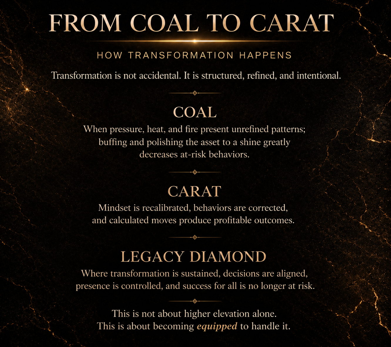 Luxury branding image representing the Coal to Carat transformation framework by Chaney Brielle and The Carat Lab, focused on mindset refinement, behavioral alignment, performance stability, and transformation in high-pressure environments.