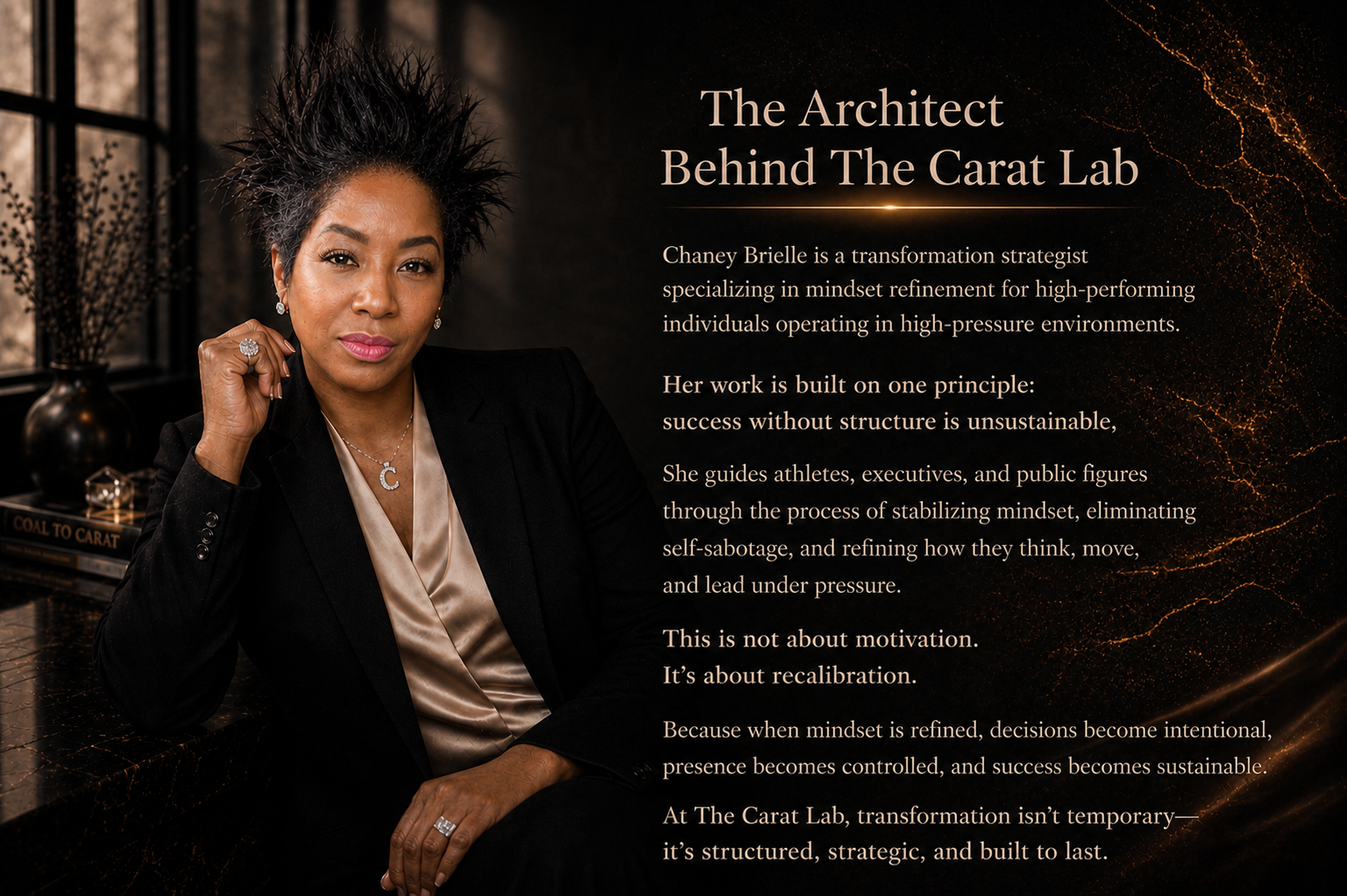 Portrait of Chaney Brielle sitting at a desk, showcasing her profile with a serious expression, black blazer, and jewelry, alongside a textual bio about her work as a transformation strategist.