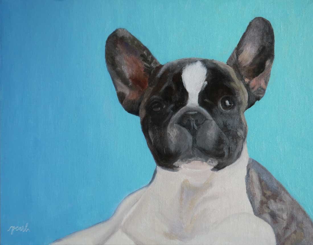 Painting of a French Bulldog puppy with a black and white coat against a blue background.