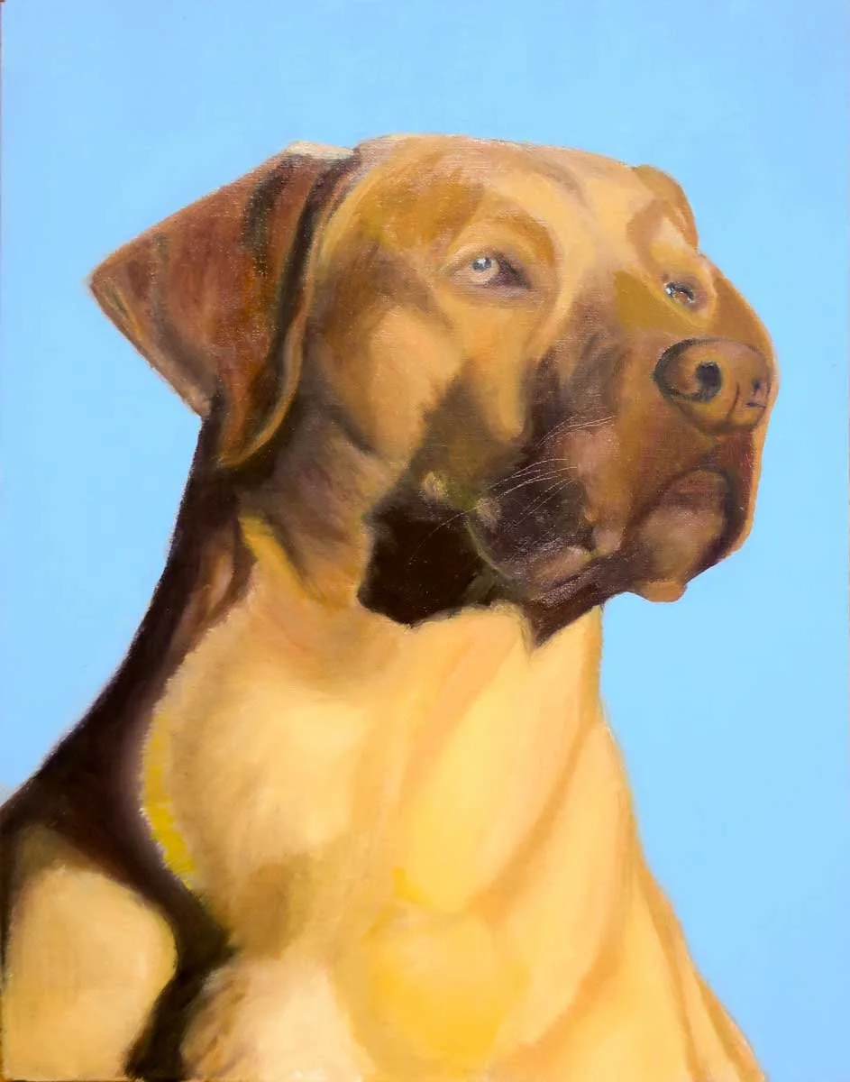 Painting of a brown dog with a serious expression against a light blue background.