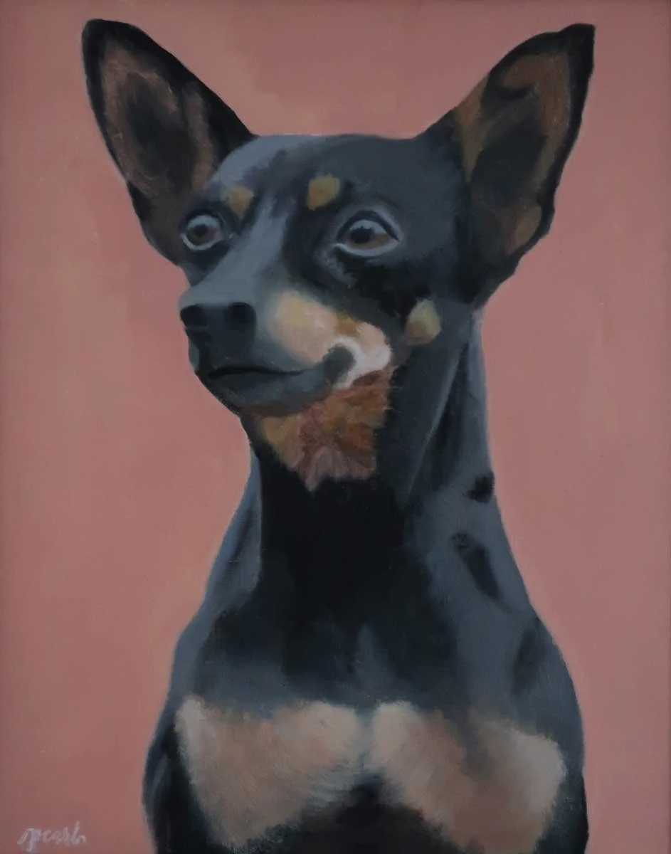 Painting of a black, tan, and white dog with large ears, set against a plain pink background.
