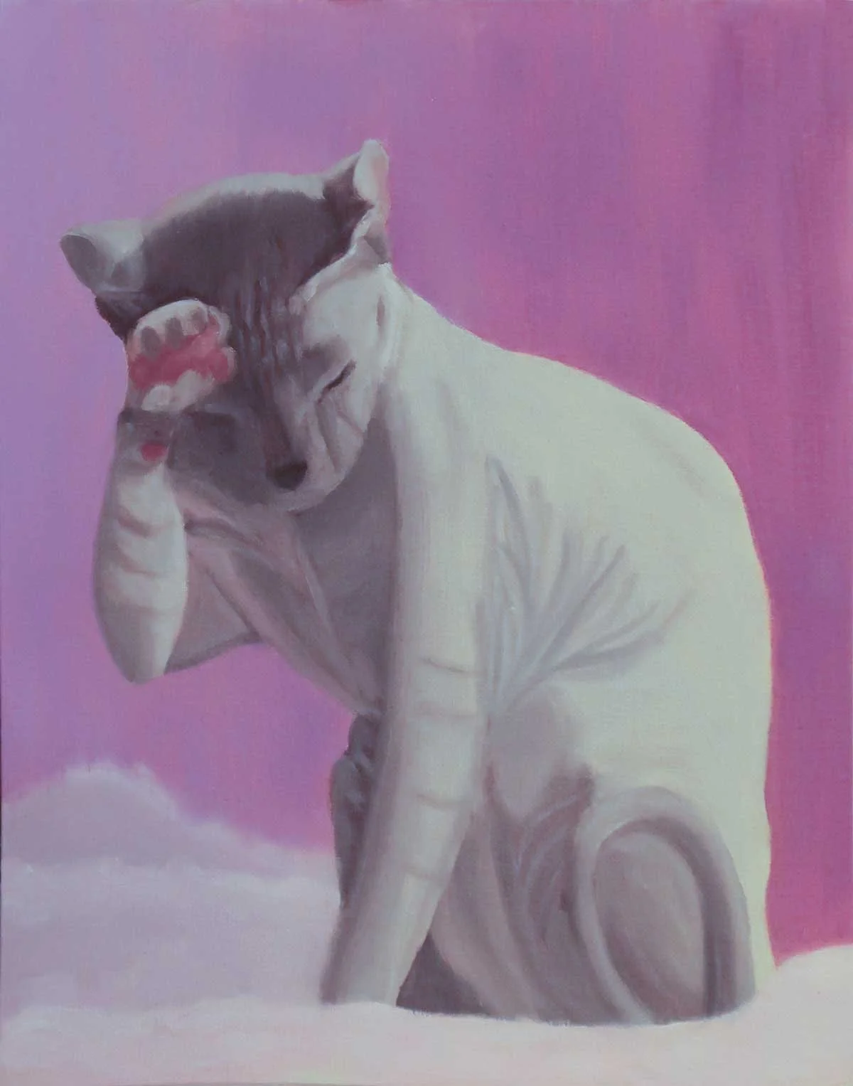 Painting of a Sphinx cat against a purple background.