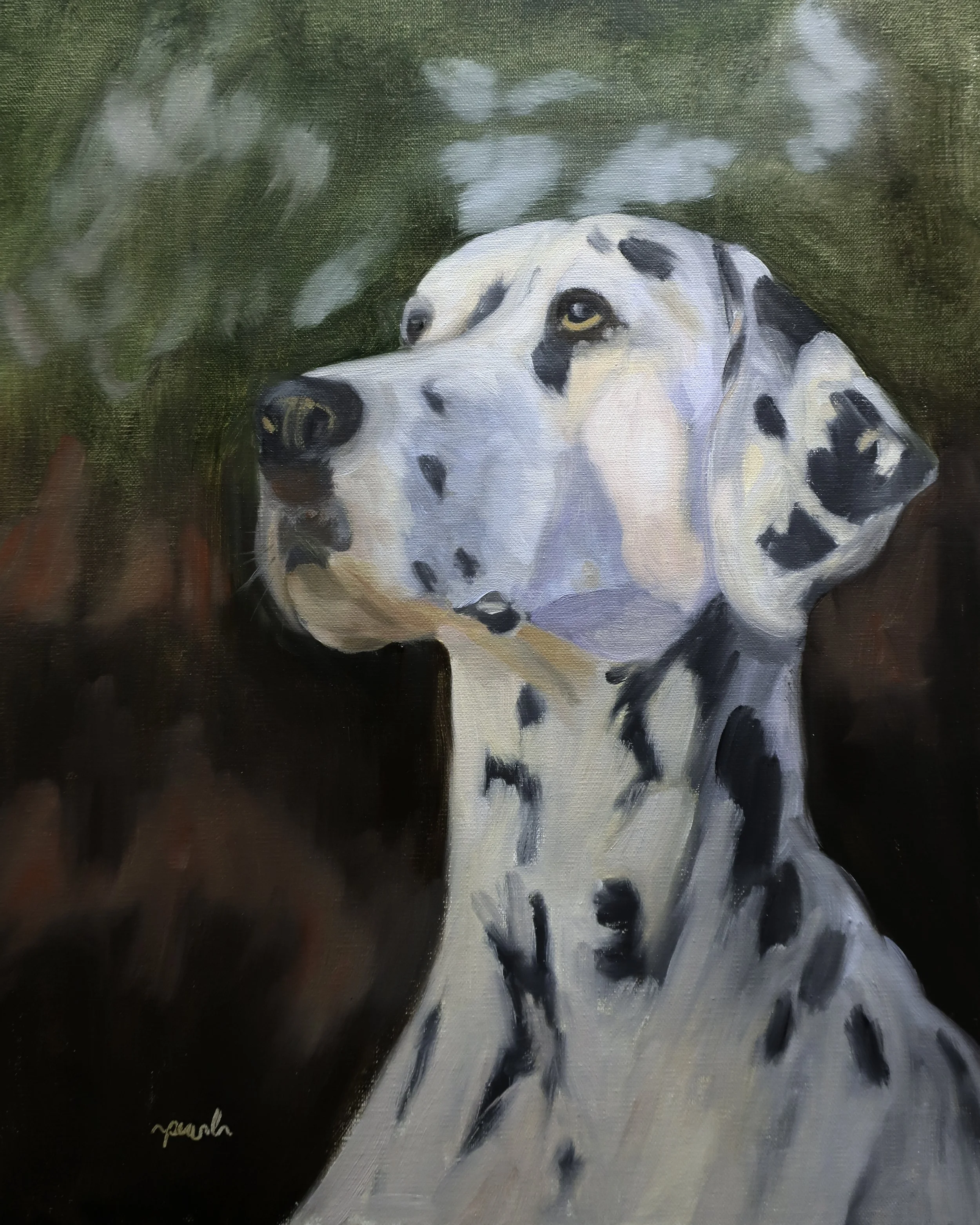Painting of a Dalmatian dog with black spots on its white fur, looking to the side with a gentle expression, set against a green background.