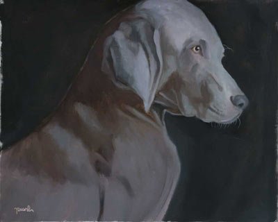 Painting of a gray dog with floppy ears looking to the right, with a dark background.