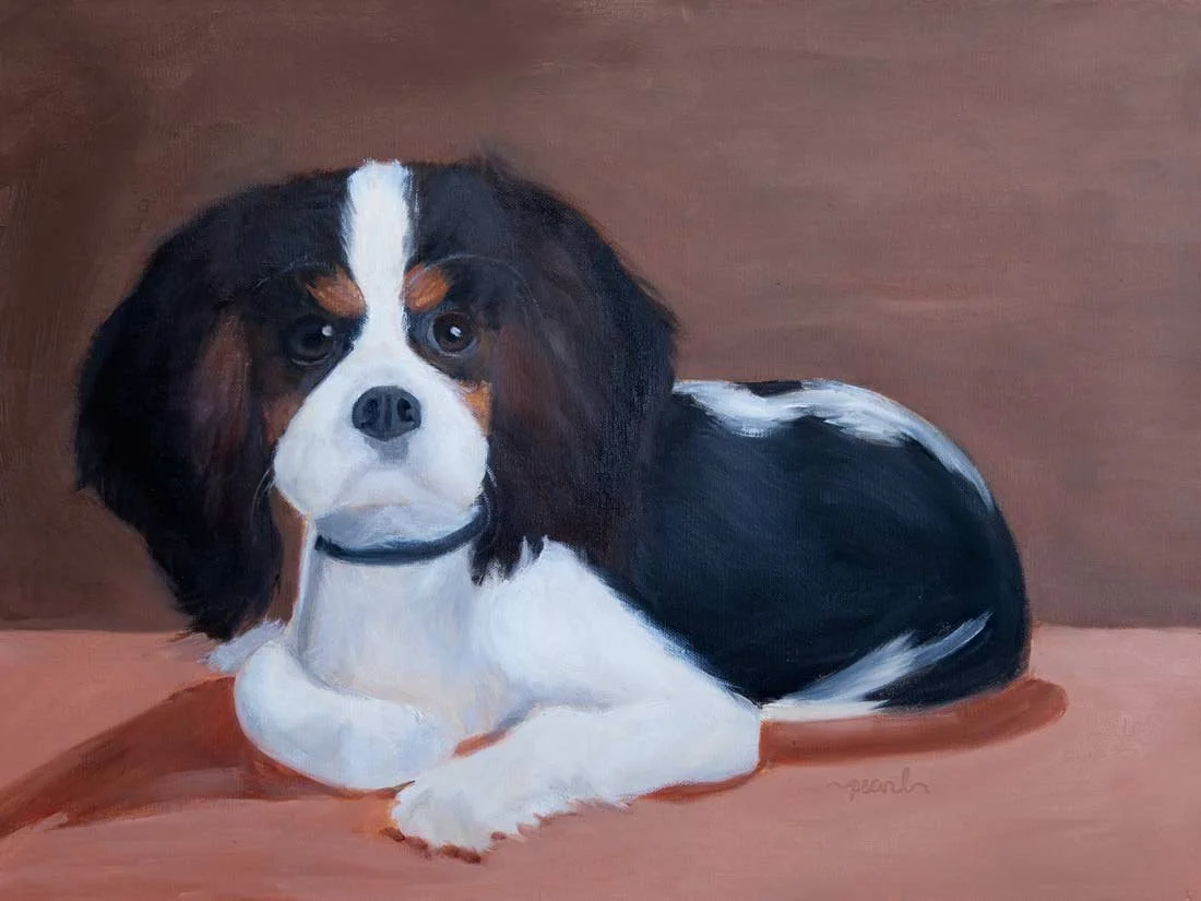 A painting of a Cavalier King Charles Spaniel dog lying on a brown surface with a brown background.