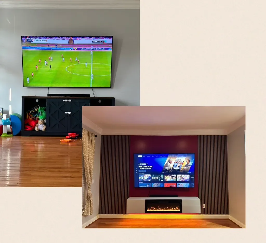Two televisions, with one showing a soccer game and the other displaying a streaming service menu, placed in a living room with wooden flooring and modern decor.