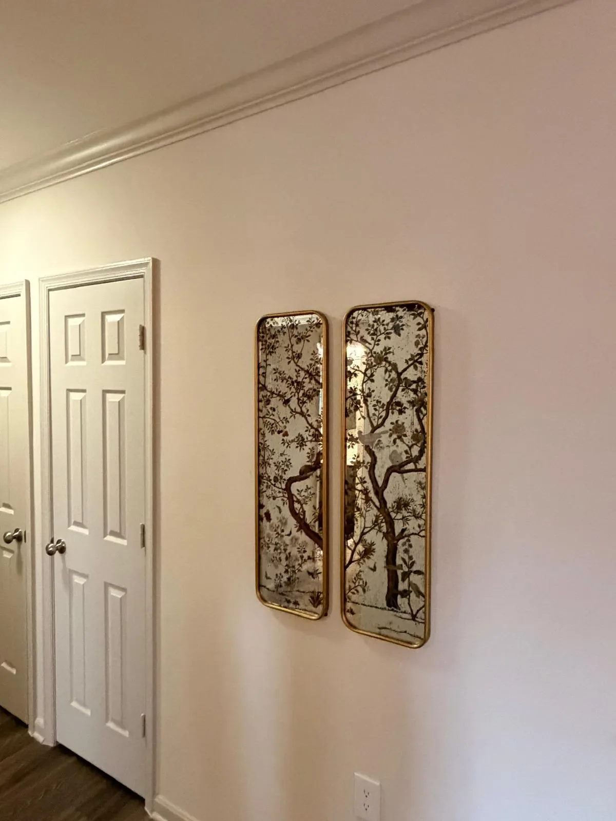 Two decorative mirrors with floral and tree branch designs hang on a light-colored wall near white doors with silver knobs.